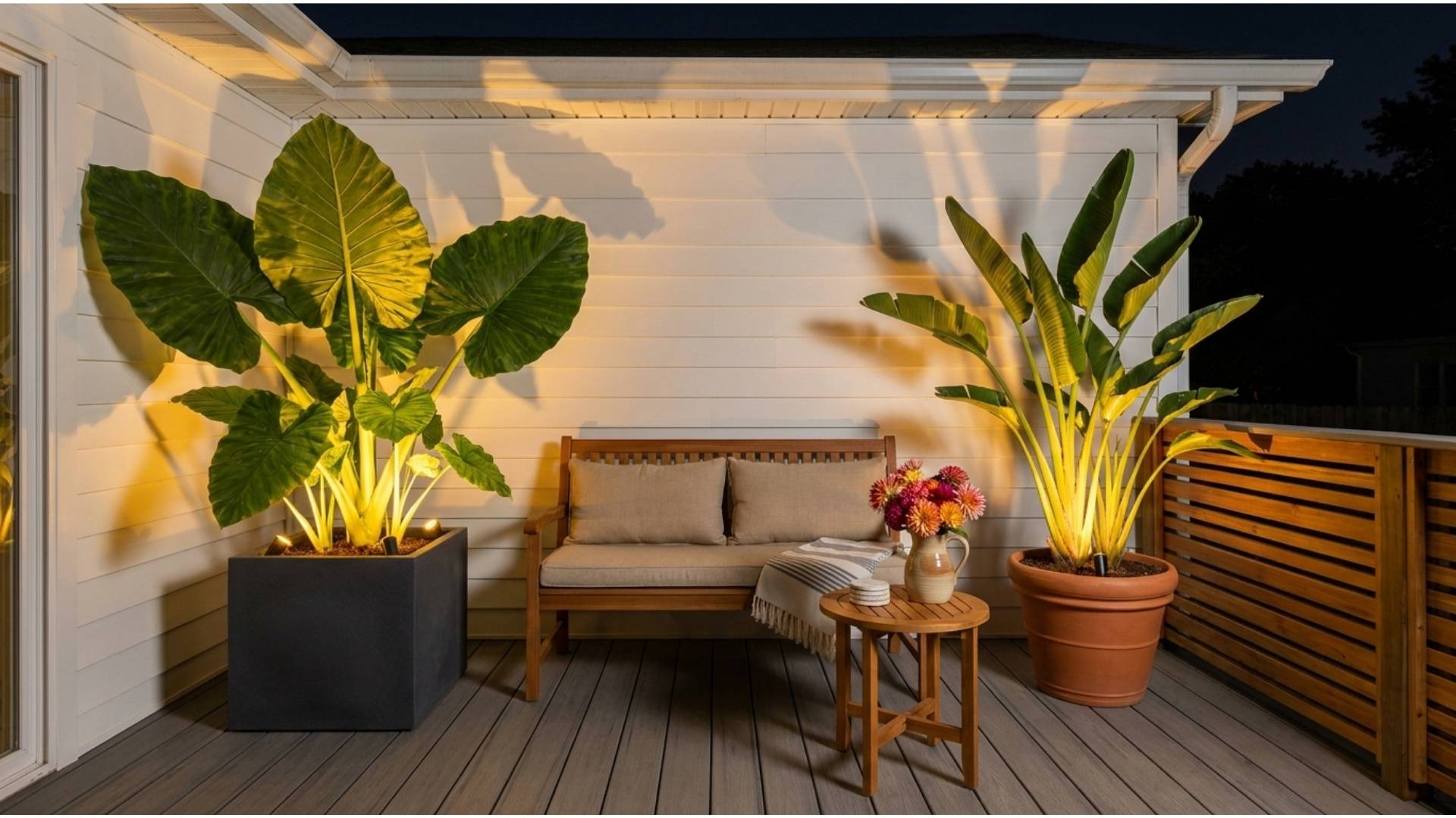 Large tropical deck planters at night with LED spotlights buried in soil casting leaf shadows on the house wall behind