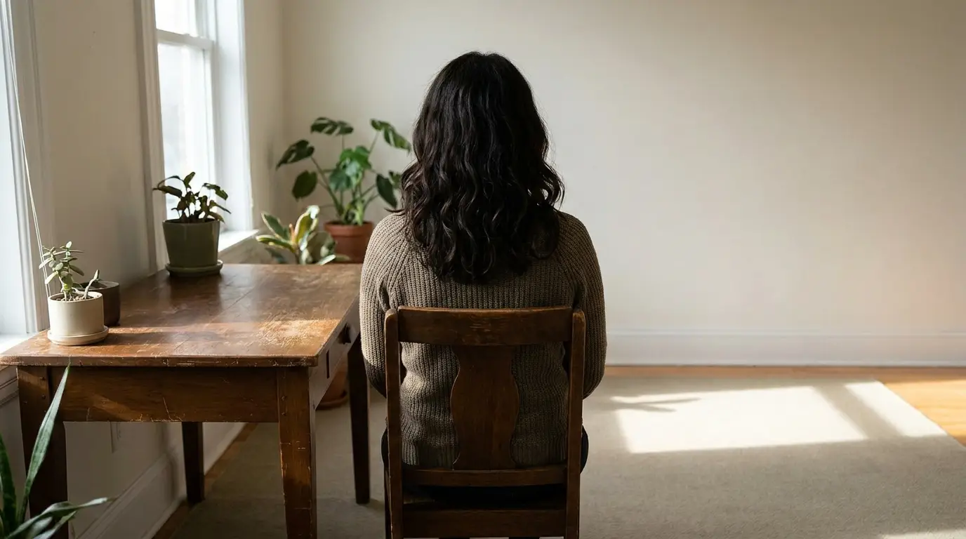 Person sitting at wooden table with potted plants in sunlit room