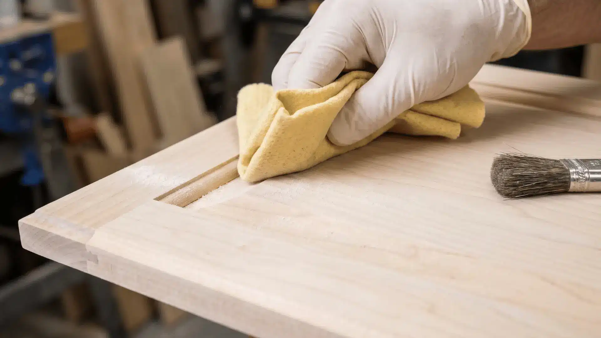 Vacuum and tack cloth removing sanding dust from cabinet grooves and surfaces
