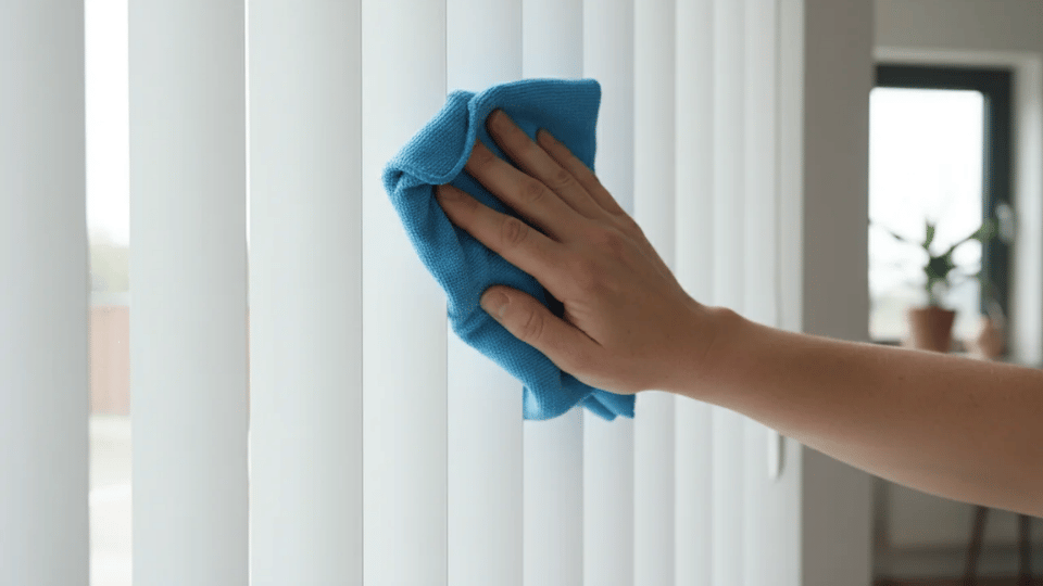 Wiping down long vertical blind vanes from top to bottom with a cloth.