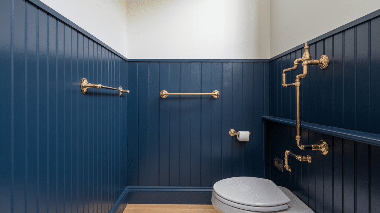 A moody bathroom featuring dark navy vertical shiplap wainscoting, a white toilet, and elegant gold fixtures.