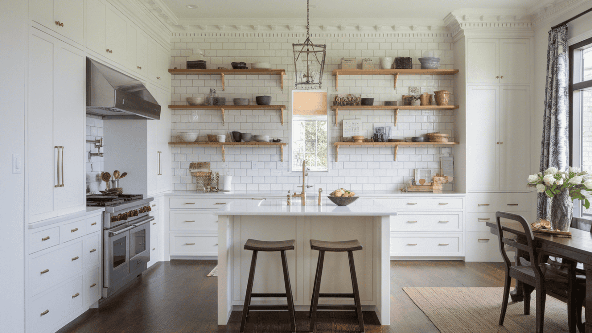 One-wall kitchen with white ceiling-height cabinets, open wood shelves, and a white island.