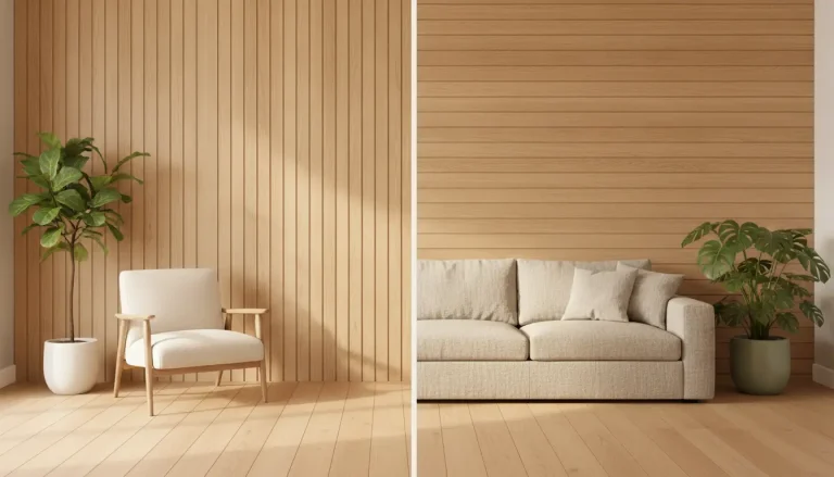 Neutral-toned living room with wooden paneling, white armchair, beige sofa, and green potted plants