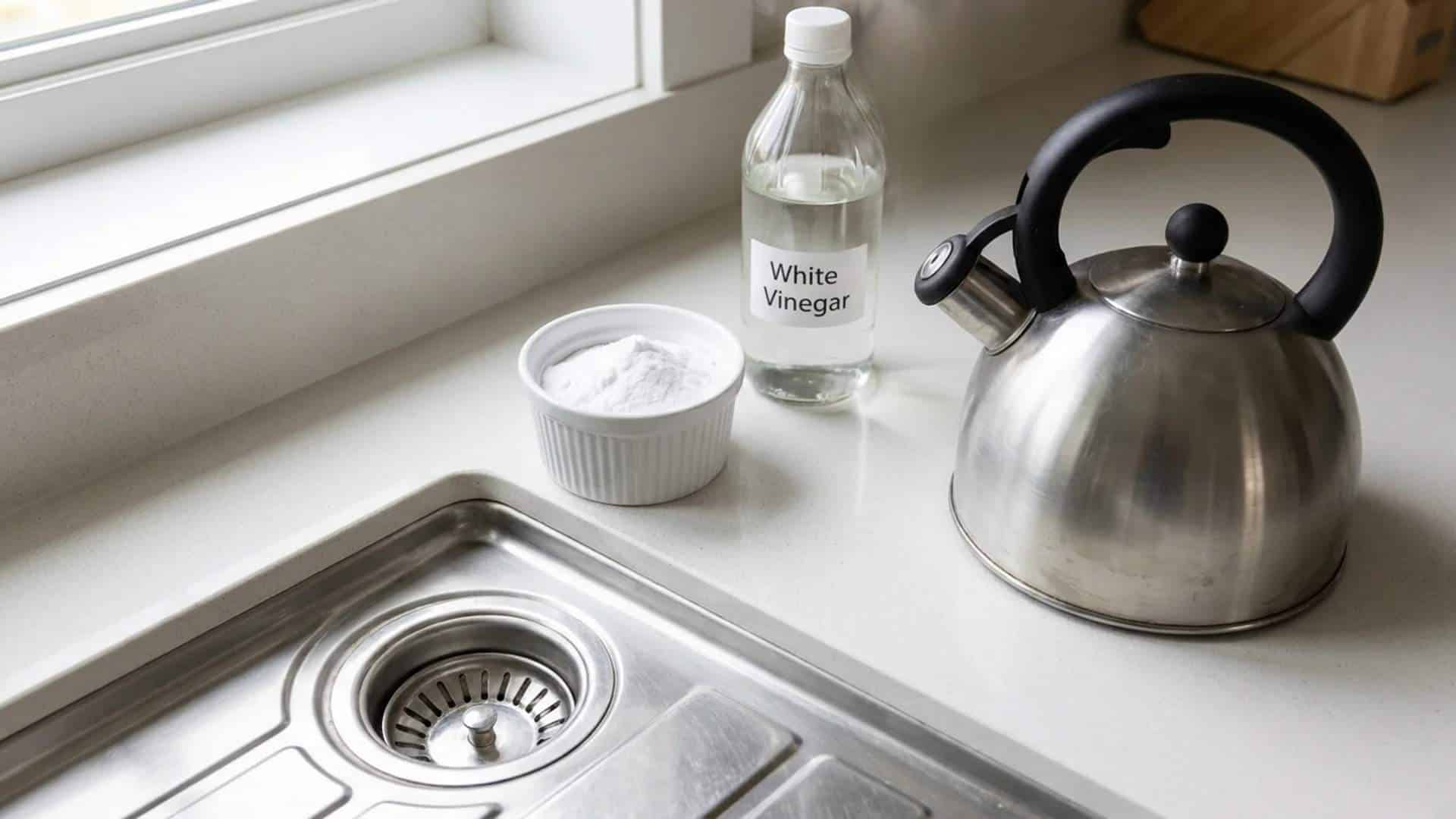 Kitchen counter setup with white vinegar and baking soda for a drain flush.