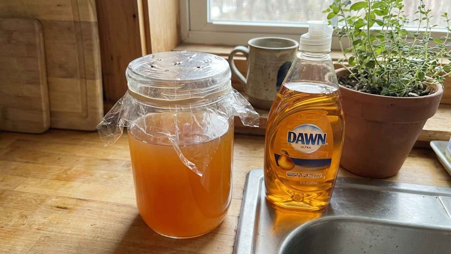 Vinegar in a jar with plastic wrap and funnel for catching gnats.