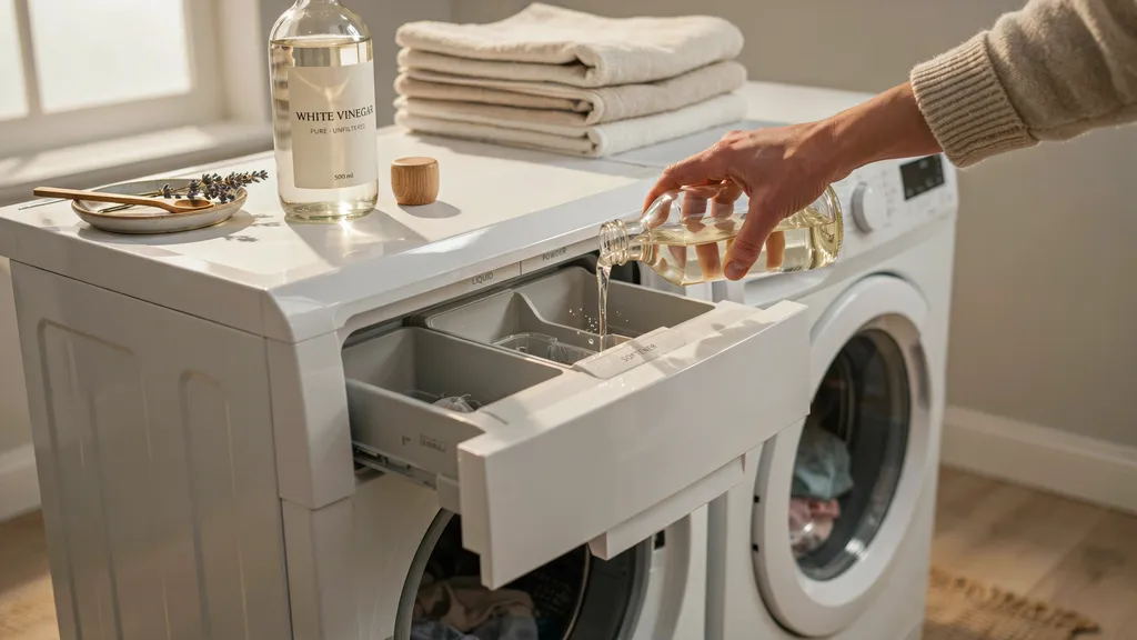 Vinegar added to washing machine softener compartment for natural fabric softening.