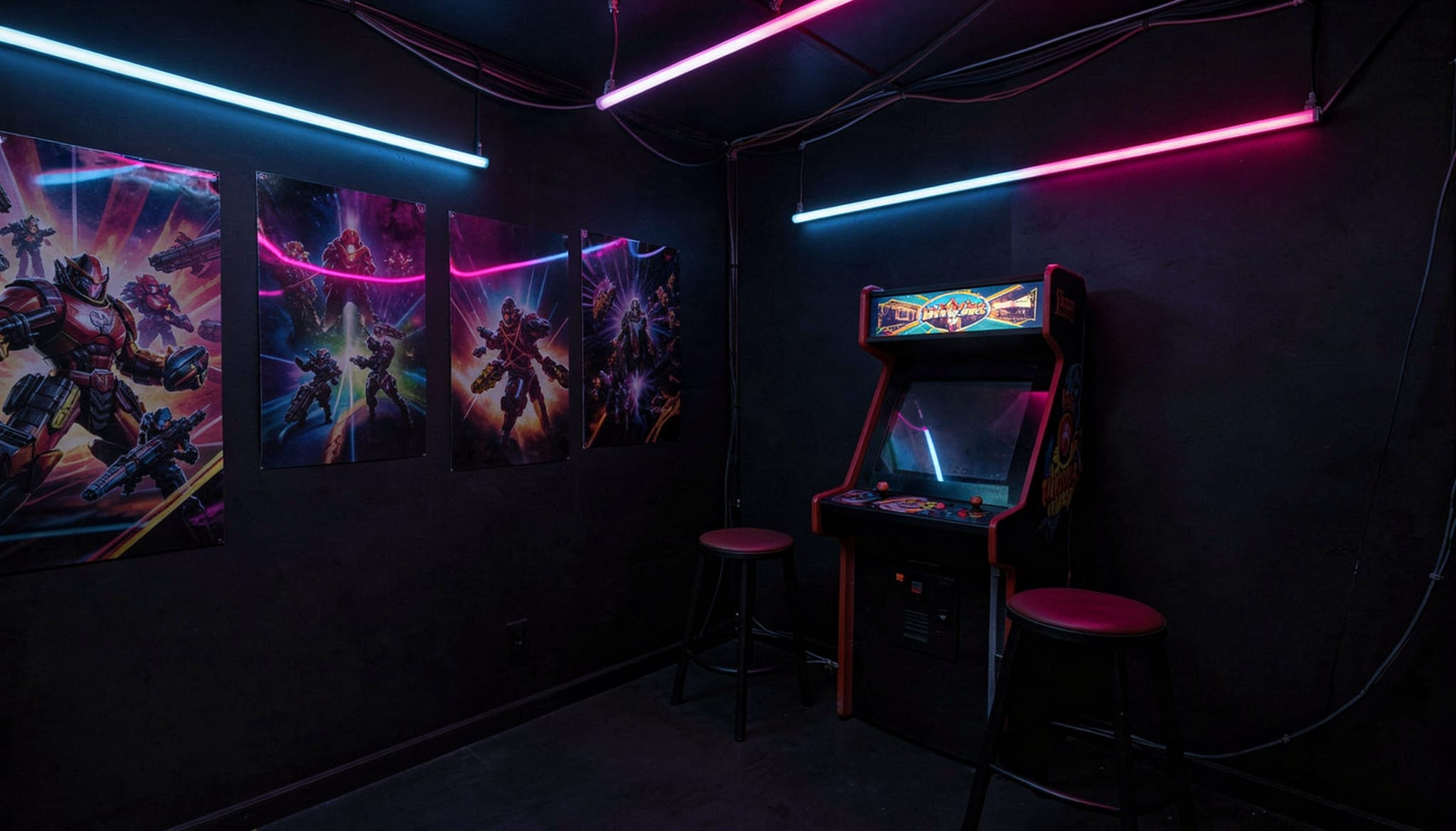 Neon-lit gaming room with arcade machine, colorful wall art, and dark retro-inspired atmosphere.