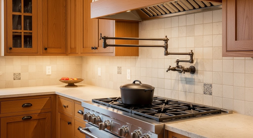 Craftsman kitchen with a swing-arm pot filler faucet mounted on a light tile backsplash over a gas range.