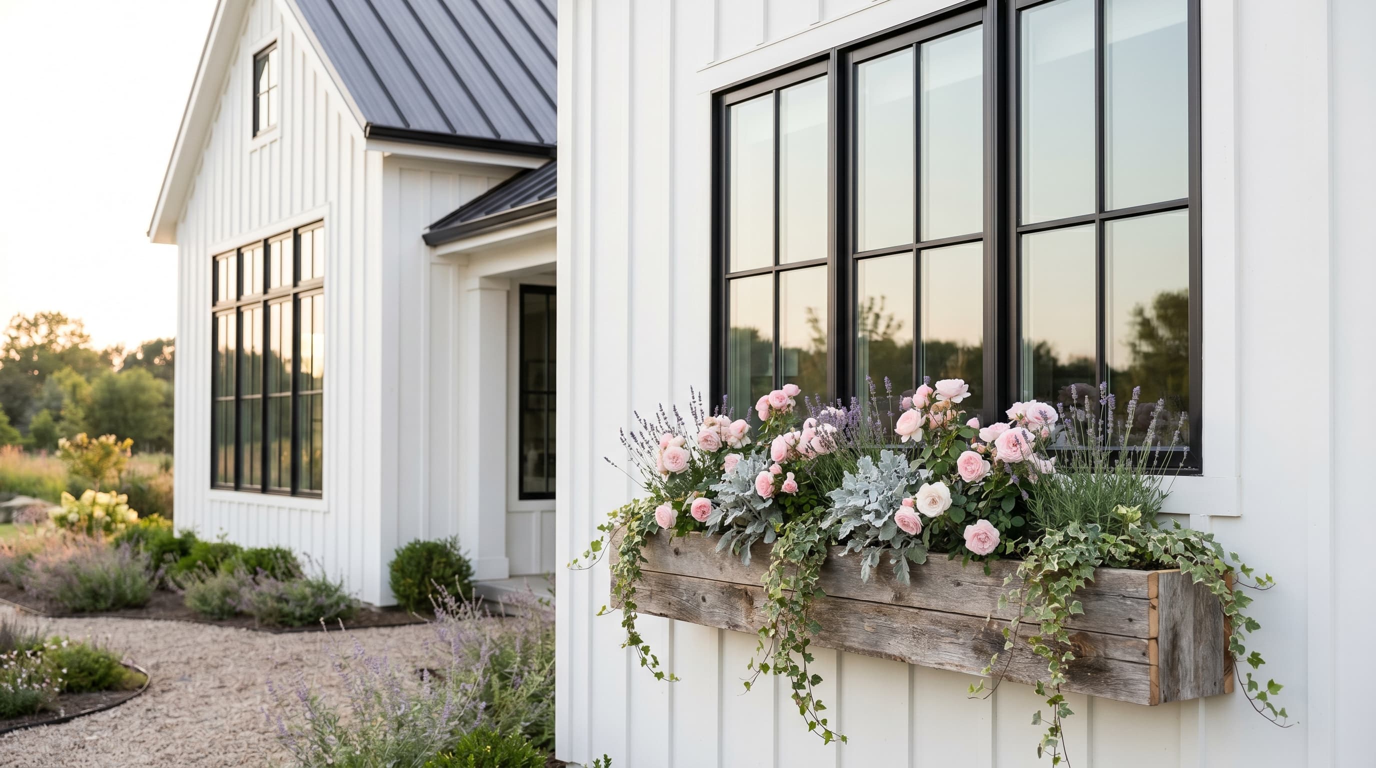 Vintage window box with antique charm featuring pink roses, lavender, and soft trailing greenery.