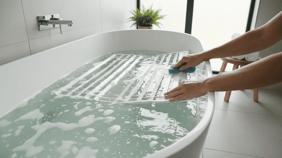 Soaking removable vinyl and aluminum blinds in a bathtub filled with warm soapy water.