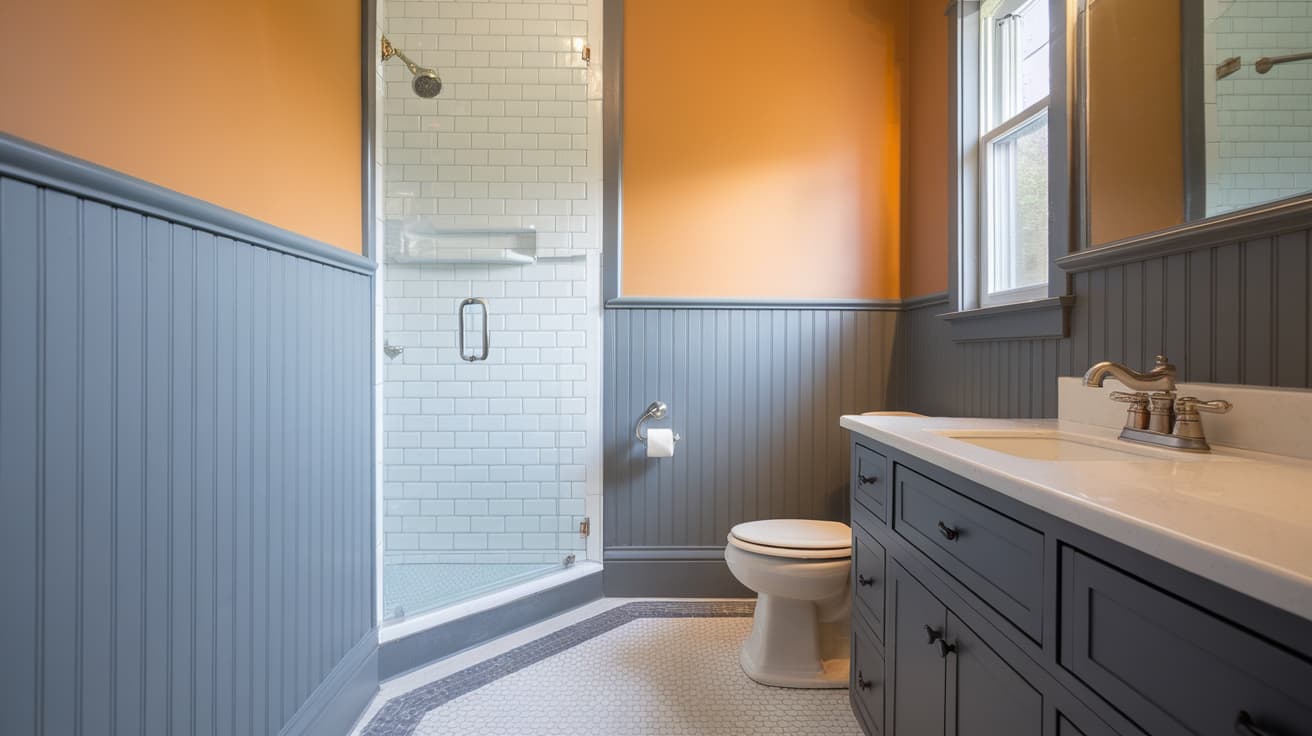 A modern bathroom featuring blue-gray vinyl beadboard wainscoting, a matching dark gray vanity, and a white subway tile shower.