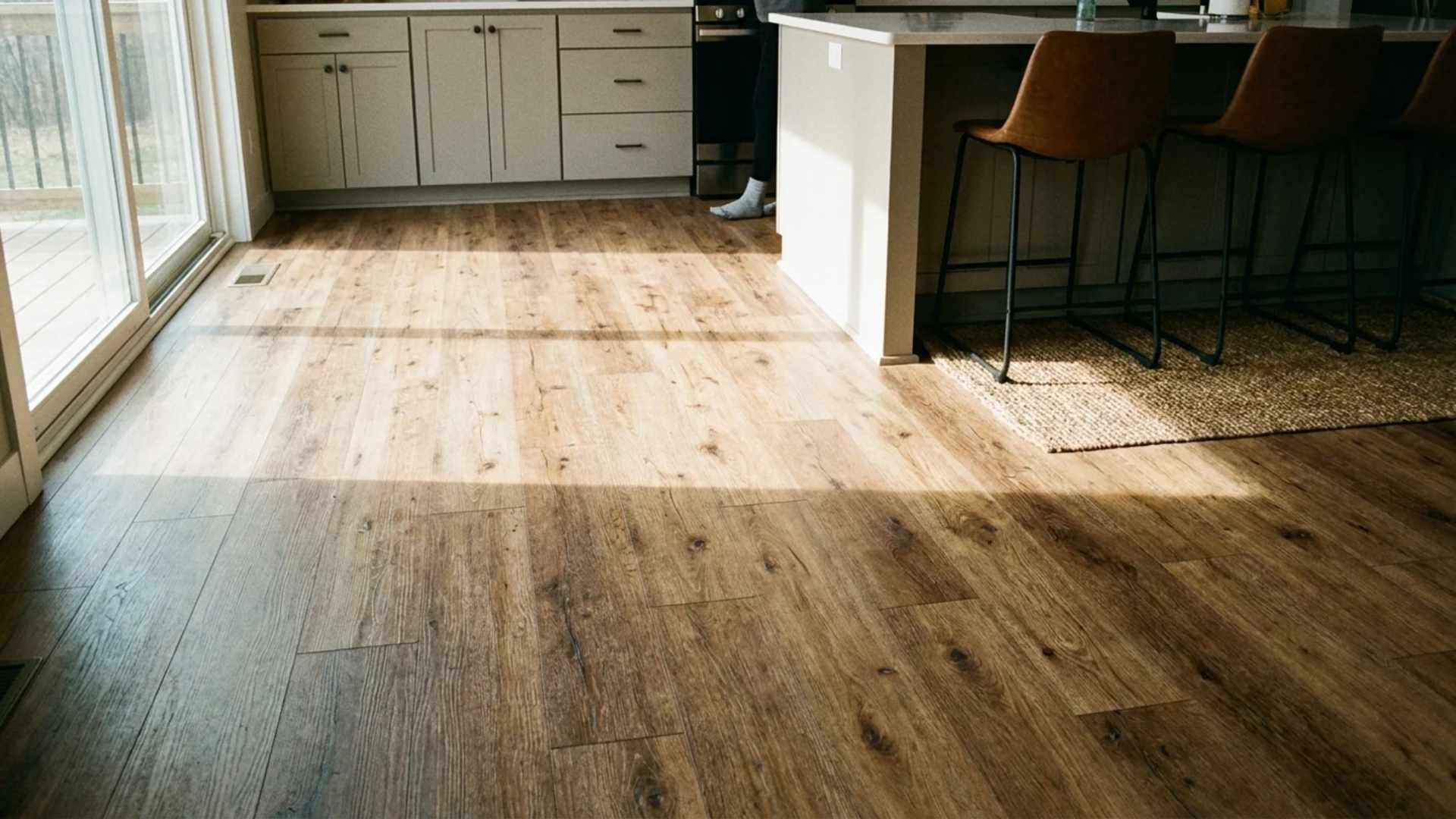 Waterproof luxury vinyl planks neatly installed in a modern kitchen, resisting spills and heavy foot traffic.