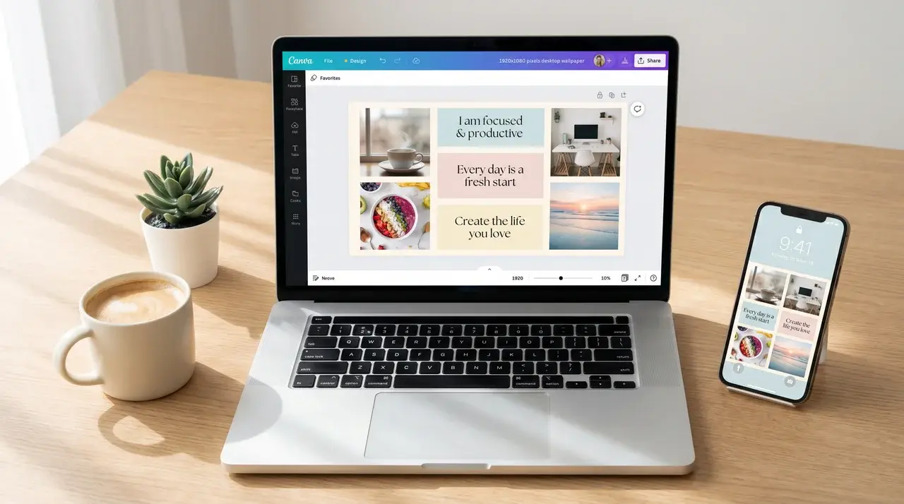 How to make a vision board Canva digital vision board laptop layout goal planning natural light workspace motivation design.