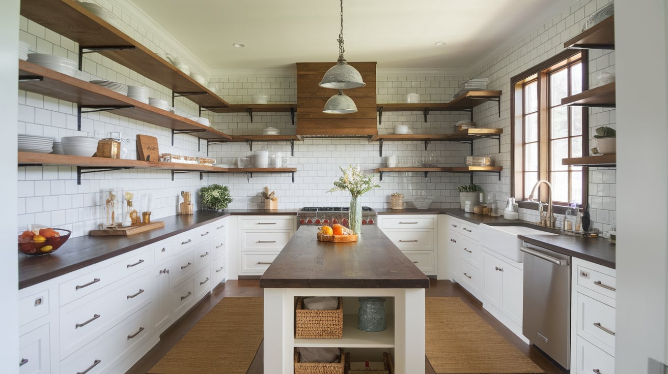Craftsman kitchen featuring wide open wood shelving on white tiled walls and a central island with a dark wood top.