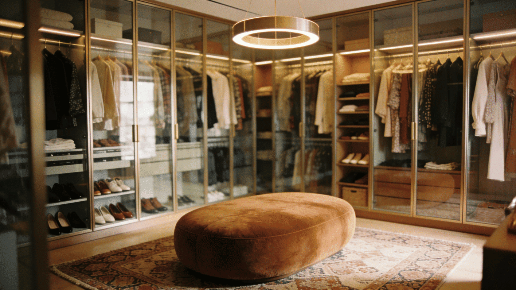 Walk-in closet with glass wardrobes, hanging clothes, shelves, and central ottoman.