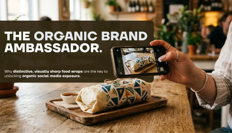 Hand holding smartphone photographing wrapped sandwich on wooden table in cozy cafe setting