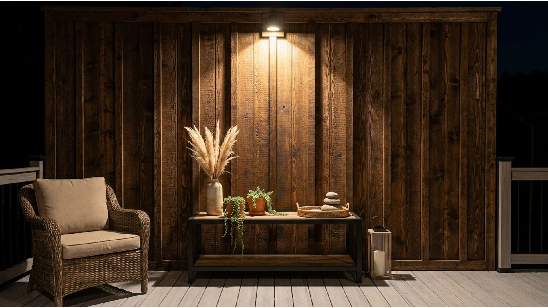 Rough cedar board-and-batten deck wall at night with a single angled spotlight revealing deep wood grain texture and shadows