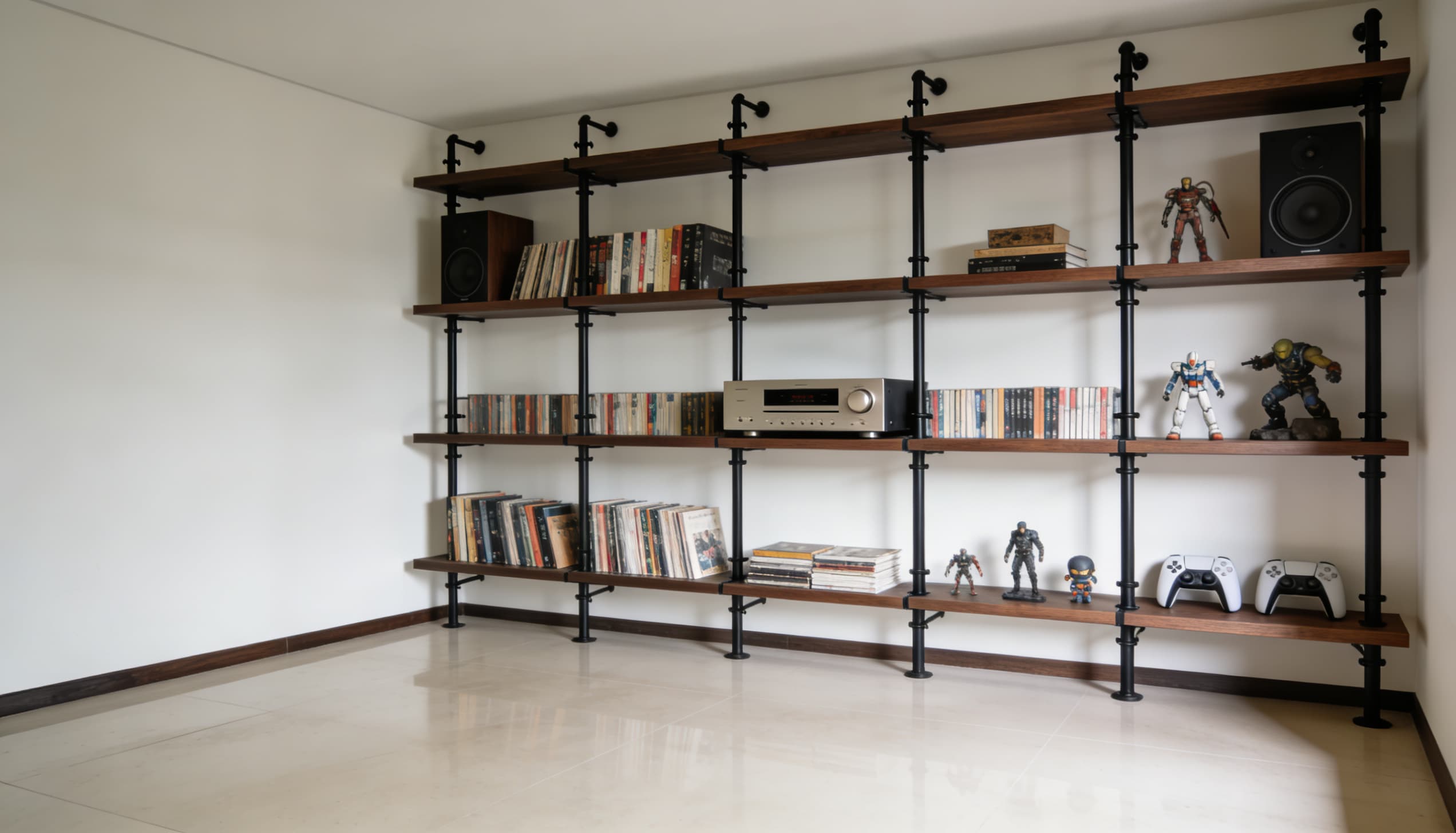Minimalist industrial bookshelf with open metal frame, wooden shelves, books, and decorative accents.