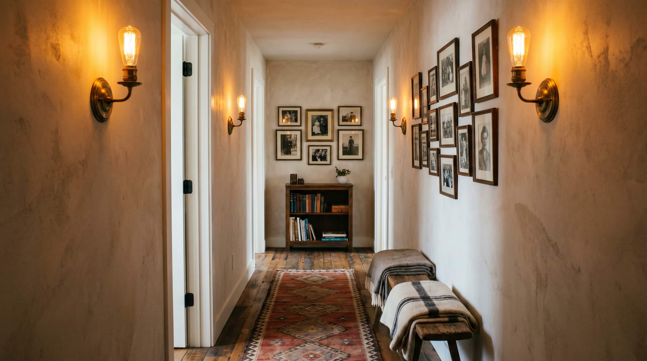 Timeless hallway decor ideas using vintage-inspired wall sconces to create ambiance and highlight decorative accents.