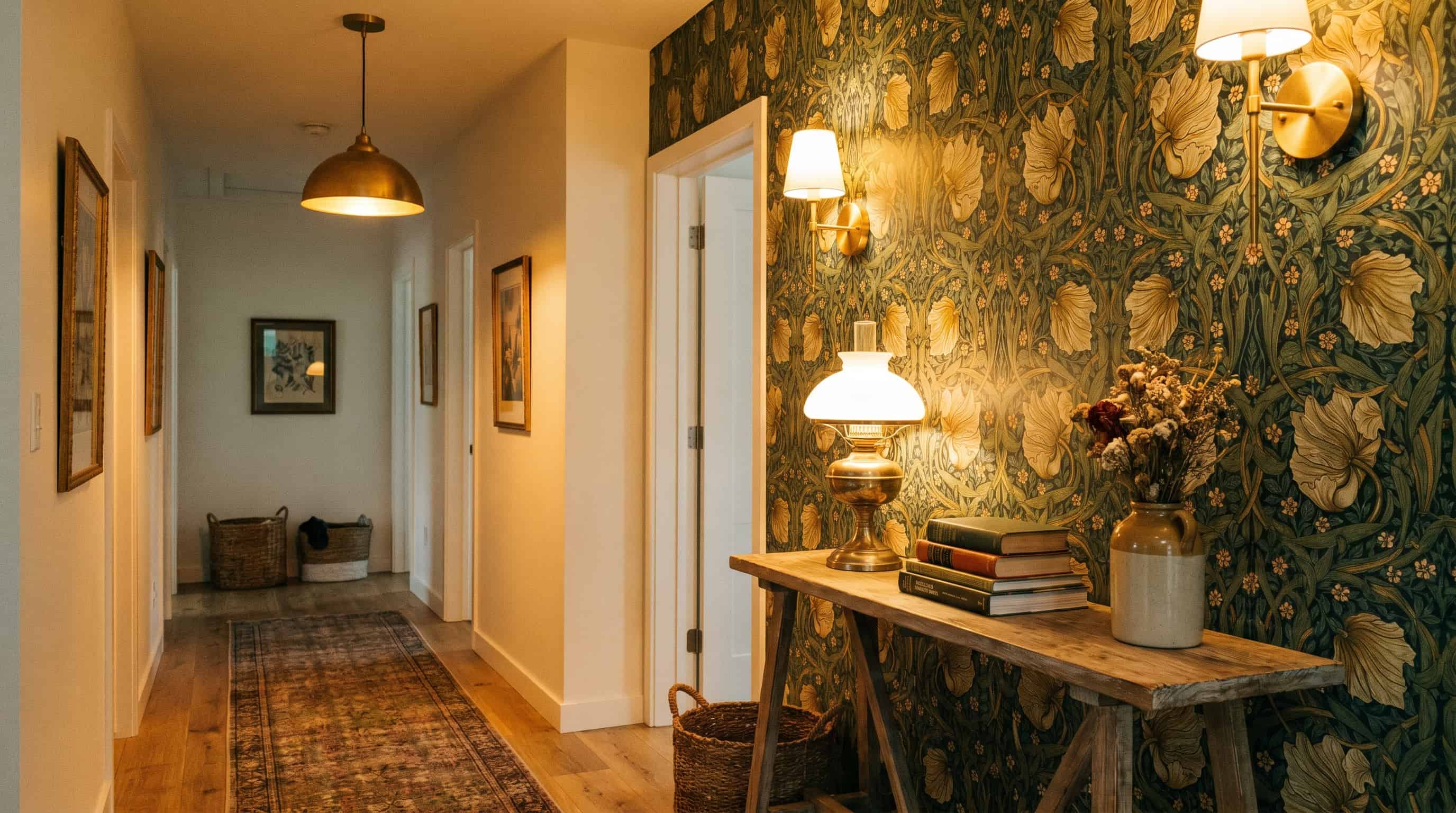 Elegant hallway decor ideas featuring a bold floral wallpaper accent wall paired with warm lighting and rustic furnishings.
