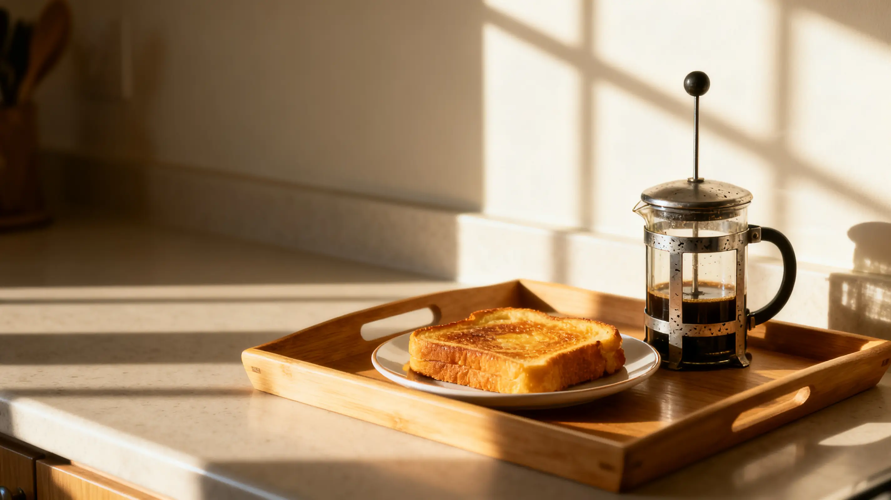 French press and toast on wooden tray in sunlit kitchen