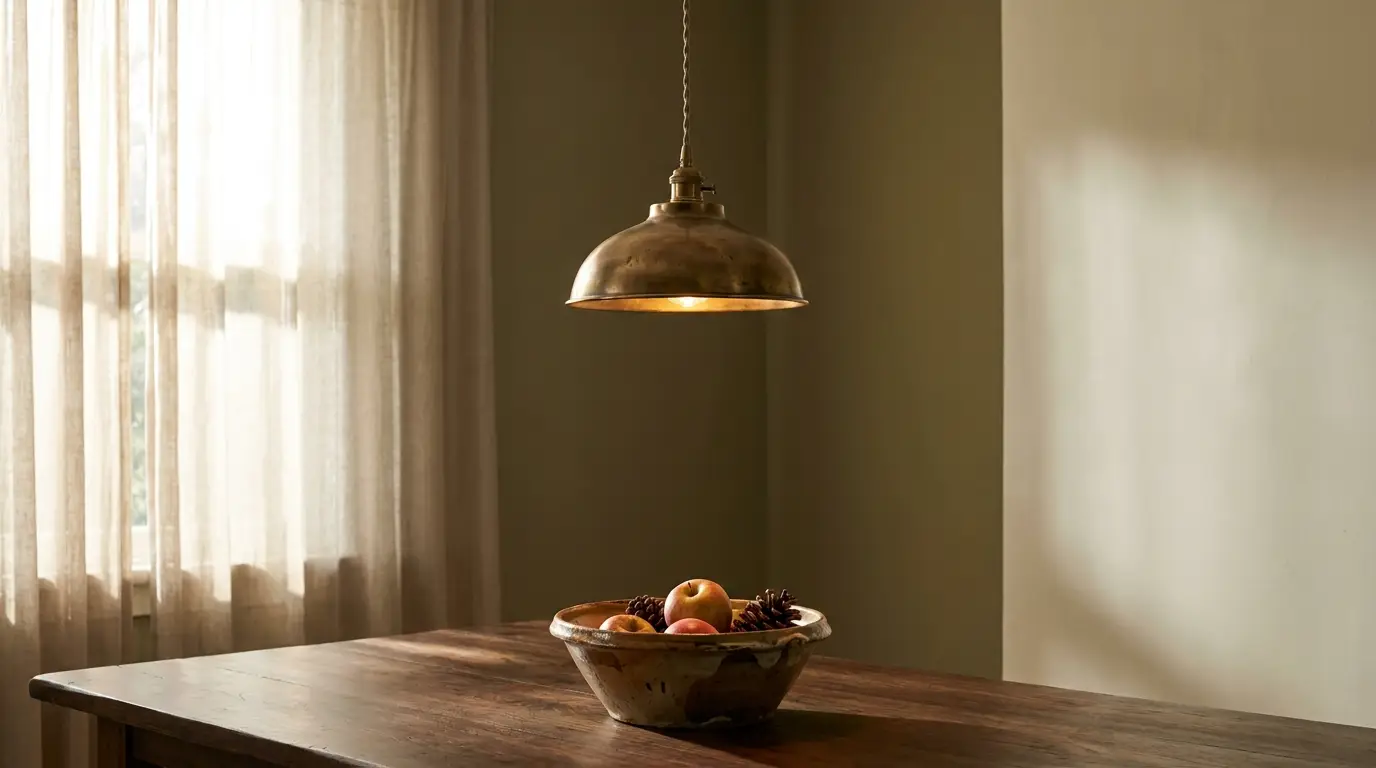 Rustic wooden table with fruit bowl under brass pendant light in softly lit room