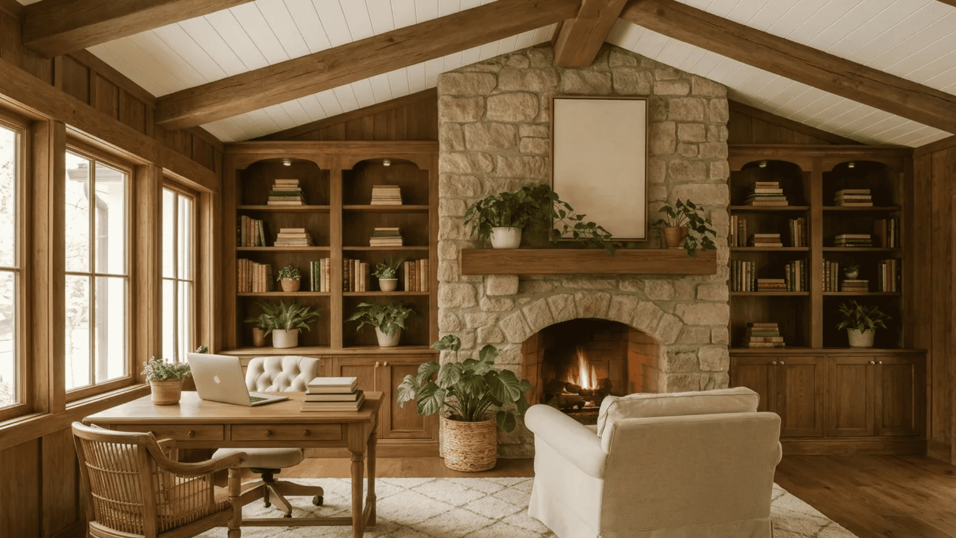 Warm traditional-style keeping room with a stone fireplace, built-in wooden shelves, exposed beams, and a cozy workspace beside the fire.