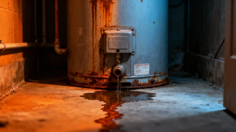 Rusty leaking water heater in dimly lit basement with concrete floor