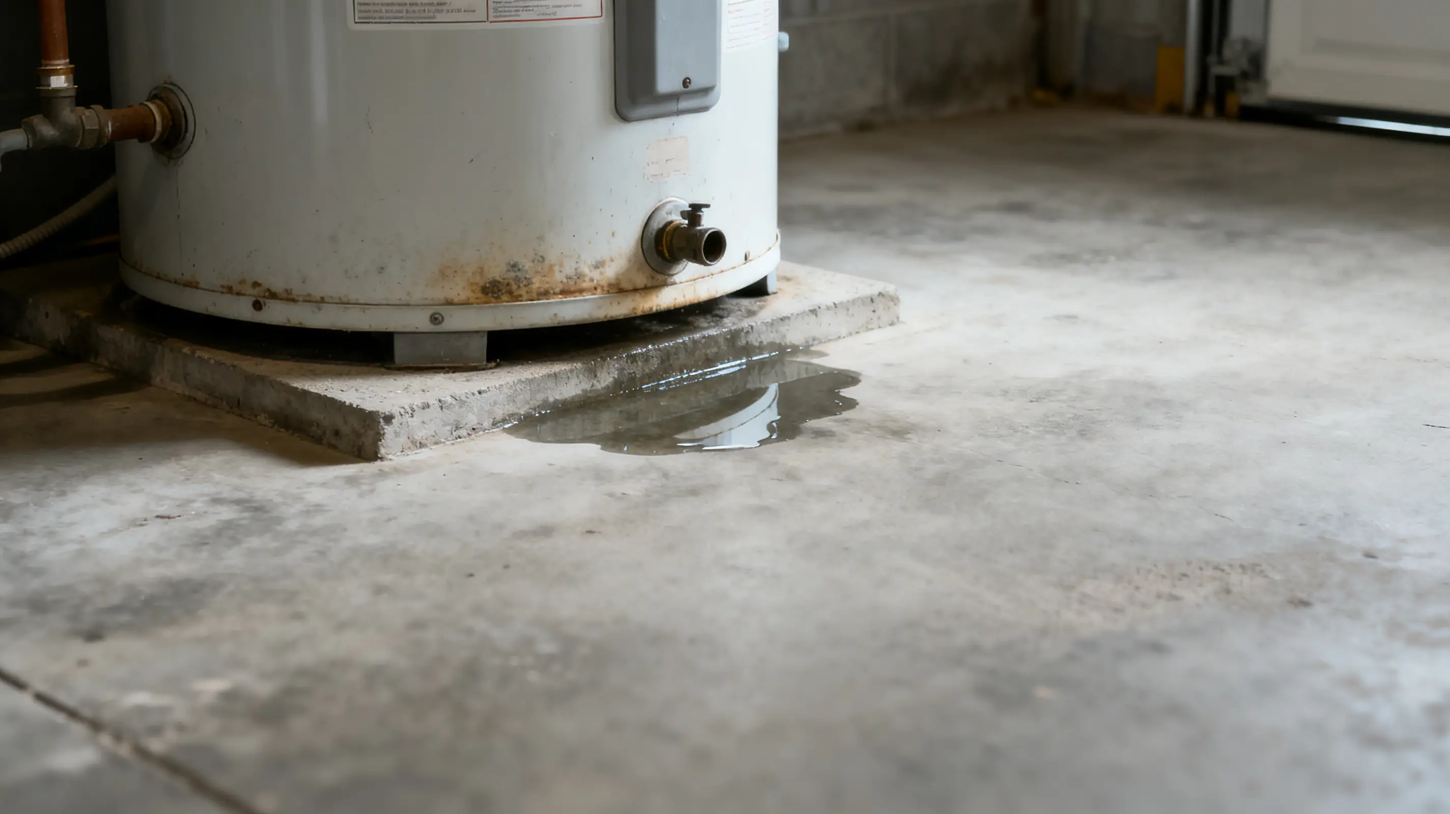 Leaking water heater with puddle on concrete floor in dimly lit garage