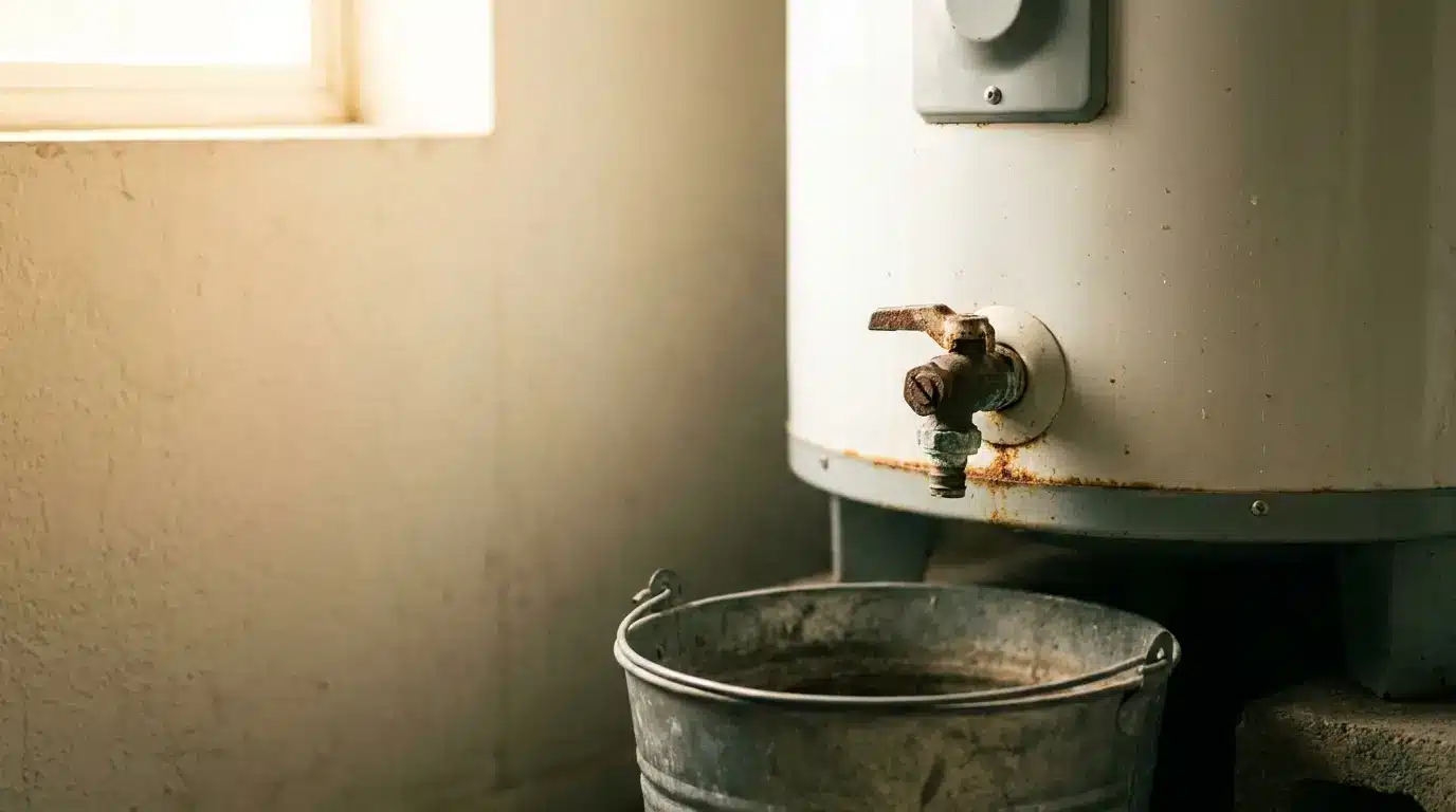 Rusty water heater tank with spout above metal bucket in dimly lit basement