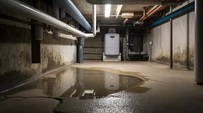 A flooded concrete basement floor with a large puddle of water seeping through cracks near exposed pipes.