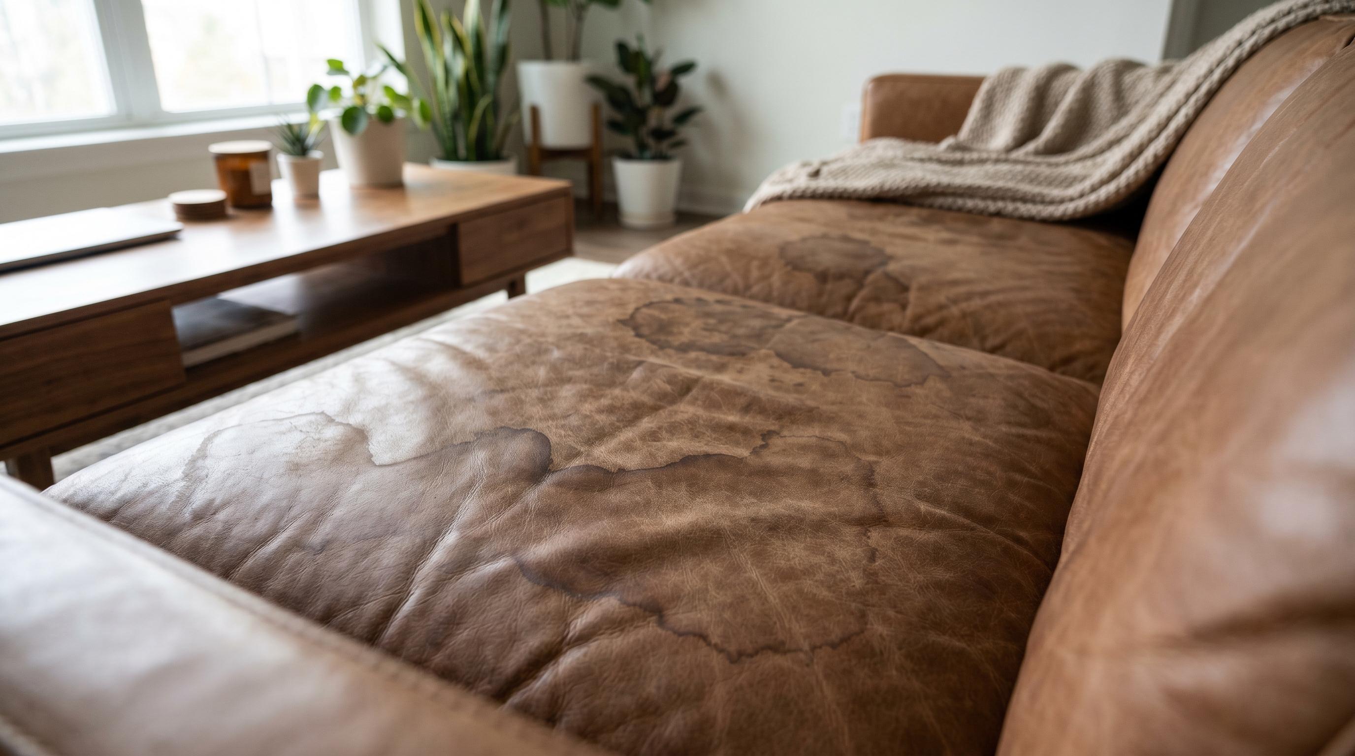 Water stains and moisture rings on a brown leather sofa cushion with realistic texture and subtle discoloration.