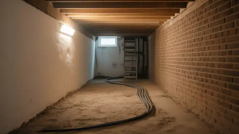 An unfinished home basement undergoing a waterproofing or drainage installation project.