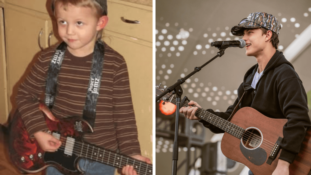 In split screen country music artist Waylon Wyatt childhood photo and musical start, playing guitar.