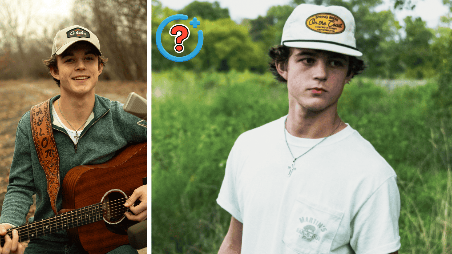 Two side-by-side photos of country singer Waylon Wyatt holding an acoustic guitar and wearing a trucker hat outdoors.