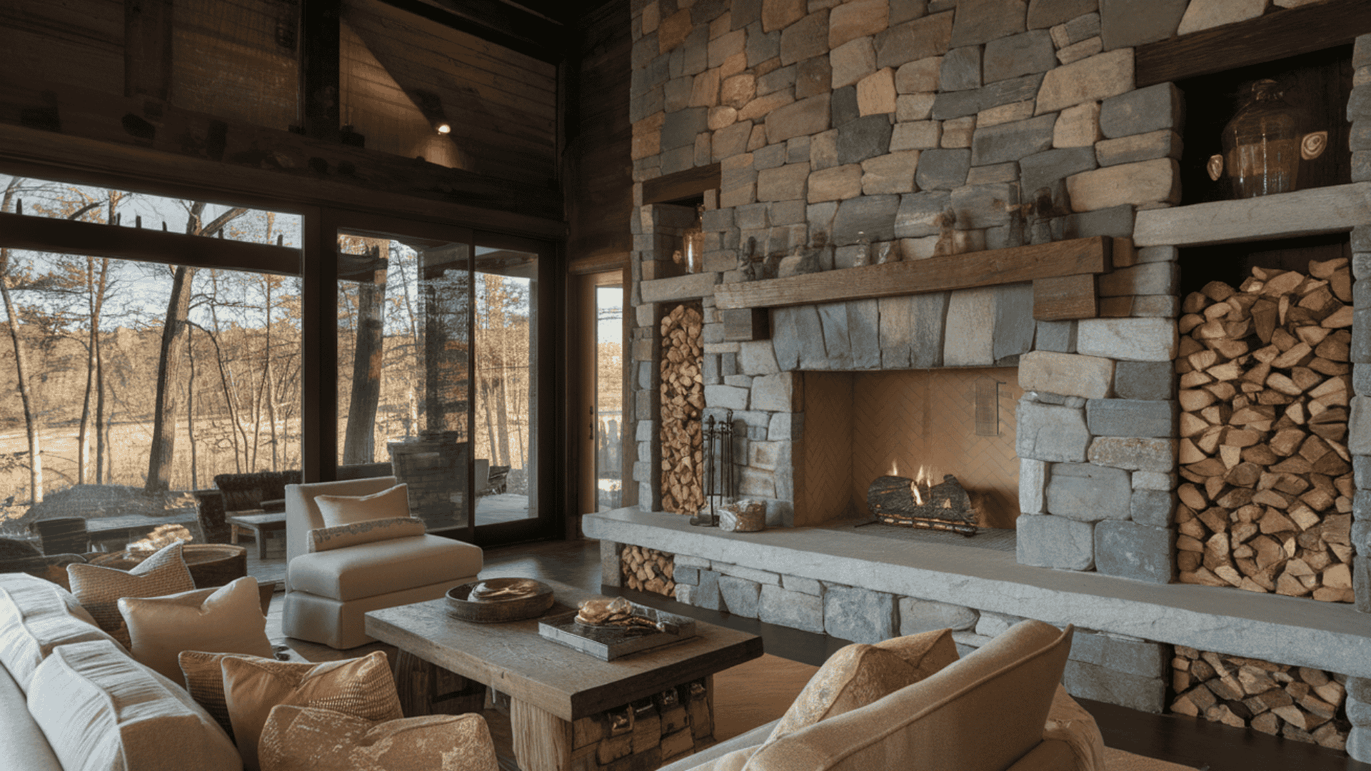 Weathered stone fireplace featuring built-in firewood storage alcoves stacked with logs in a rustic living room.