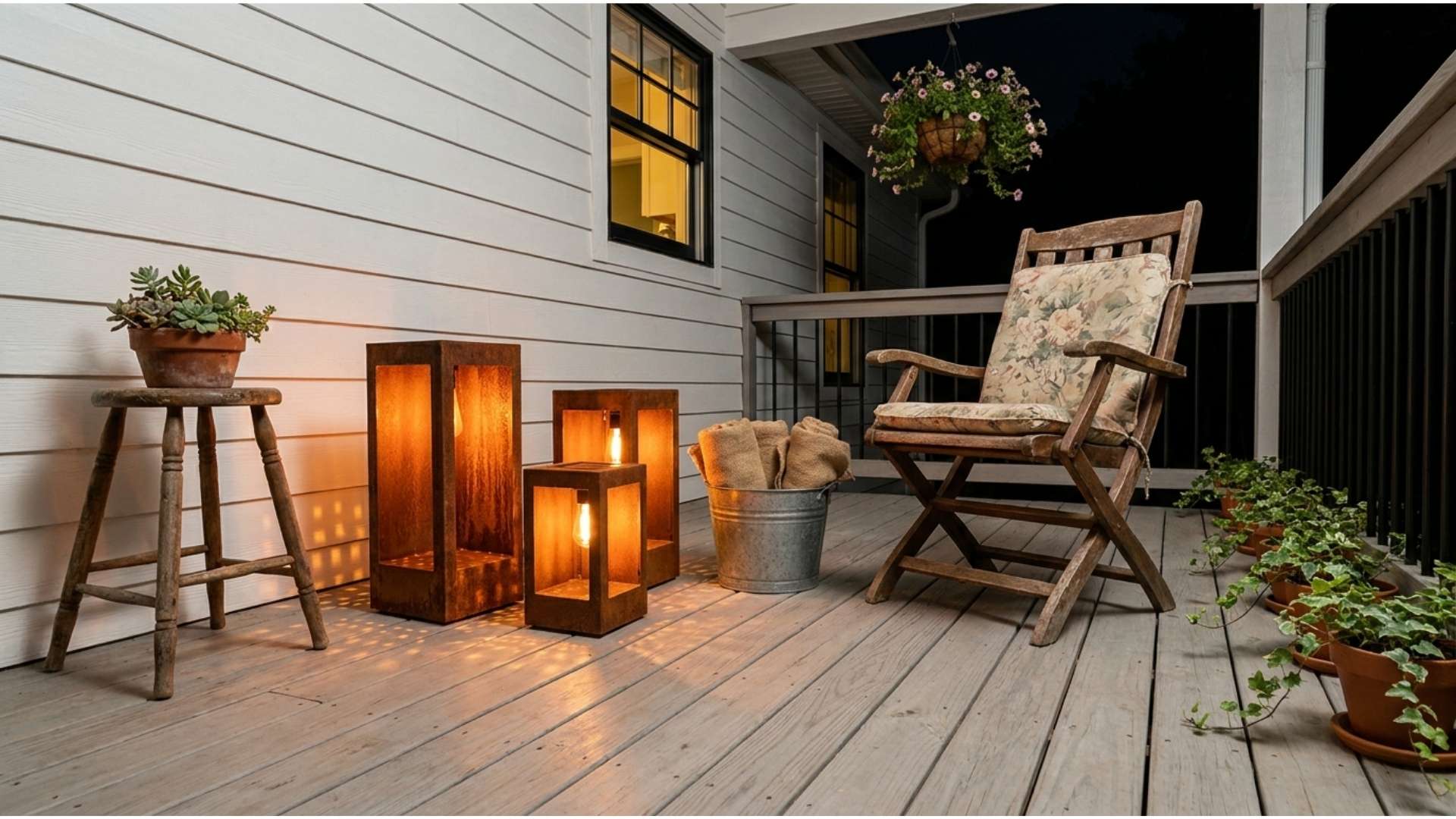Three weathering steel lanterns glowing with warm light on a wooden deck next to an outdoor armchair at night.