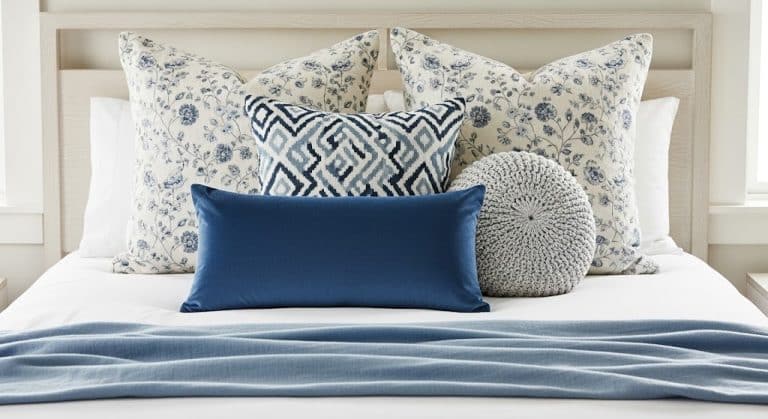 A beautifully arranged bed with white and blue accent pillows, patterned shams, and a blue blanket.