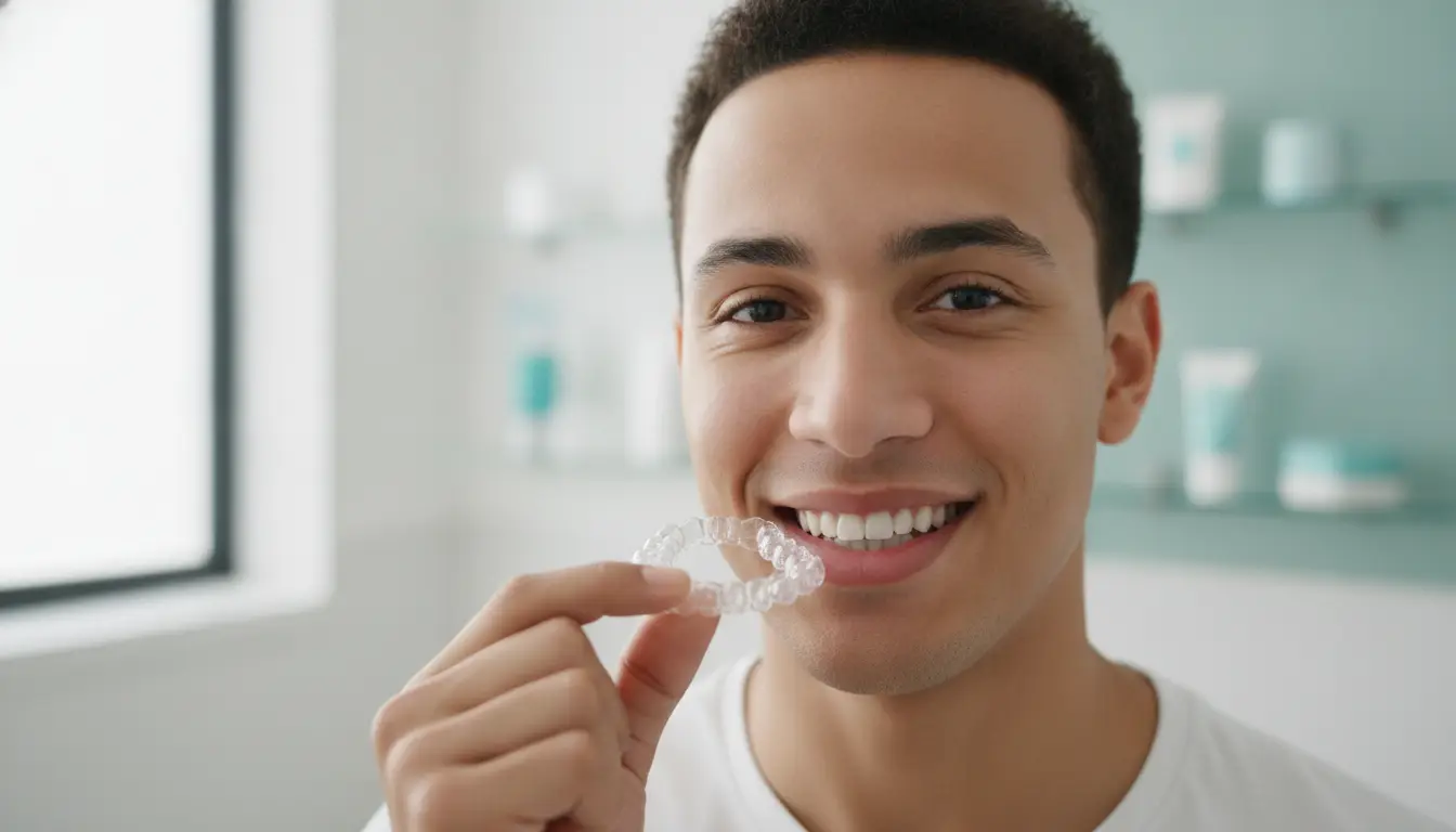 Smiling person holding clear dental aligner in modern bathroom with white and teal decor
