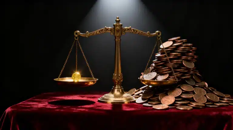 Golden balance scale with uneven coins on velvet surface in dramatic lighting