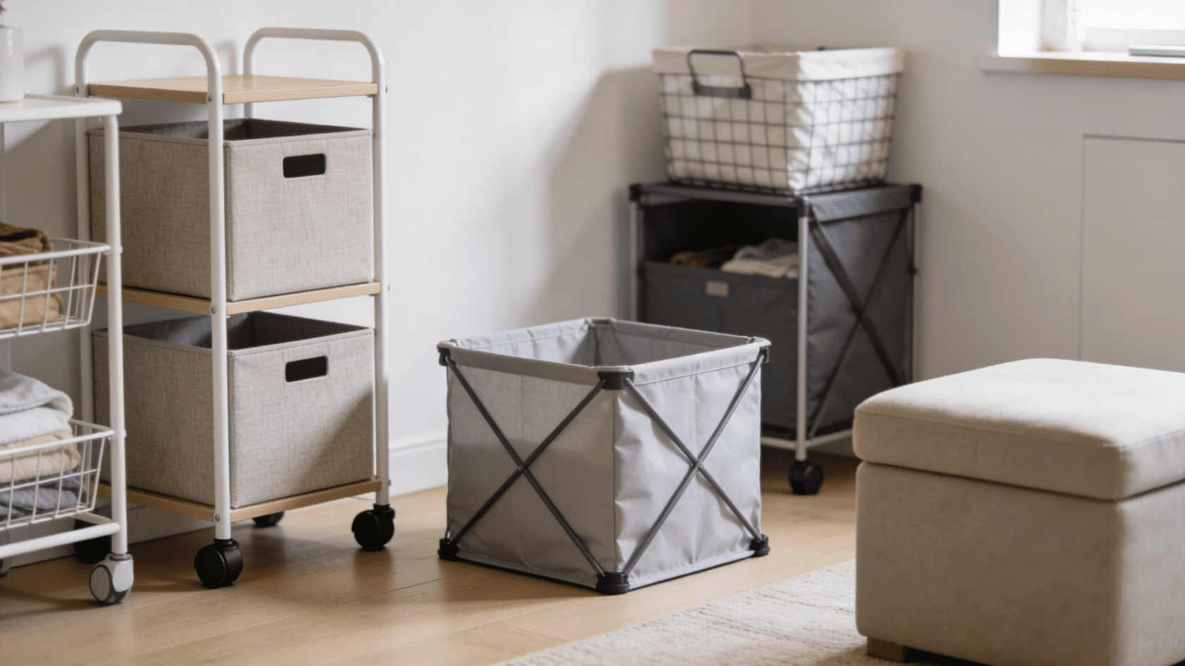 Wheeled storage carts with fabric bins.