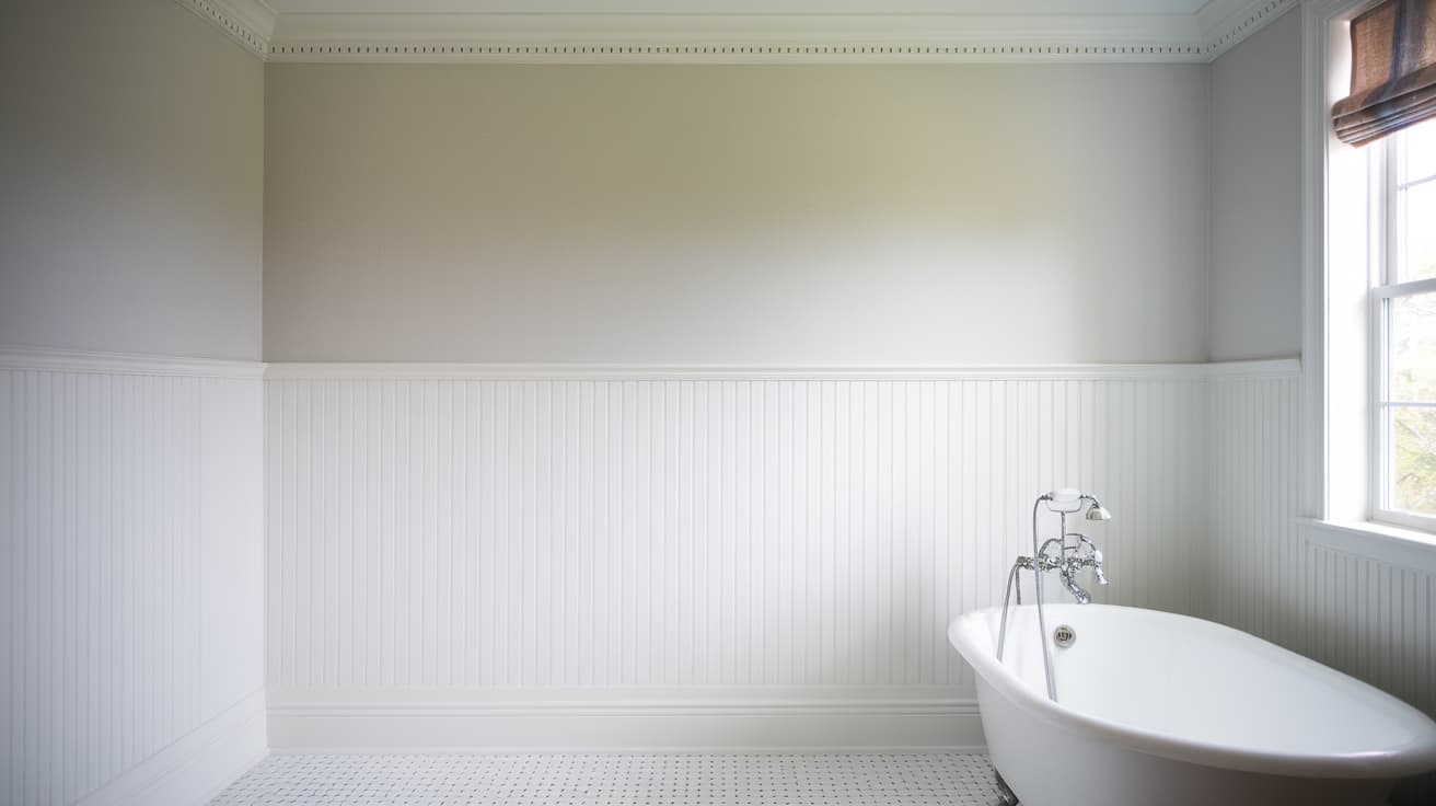 A classic white clawfoot bathtub positioned against a crisp white beadboard wainscoting wall.