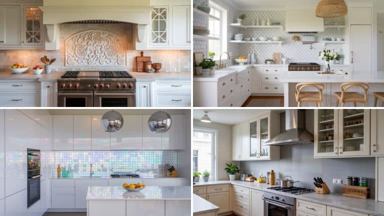 A collage of four white kitchens displaying diverse backsplash styles including carved stone, penny tile, and iridescent glass.