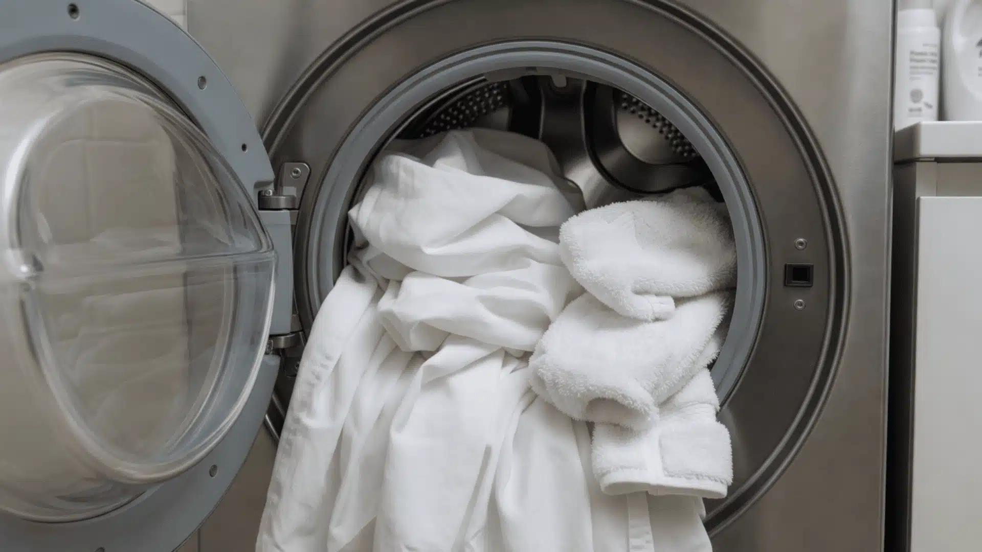 White fabric shower curtain and towels inside a front-load washing machine