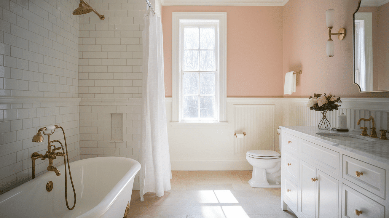 A bright bathroom featuring white beadboard wainscoting against blush pink walls and a white clawfoot bathtub.