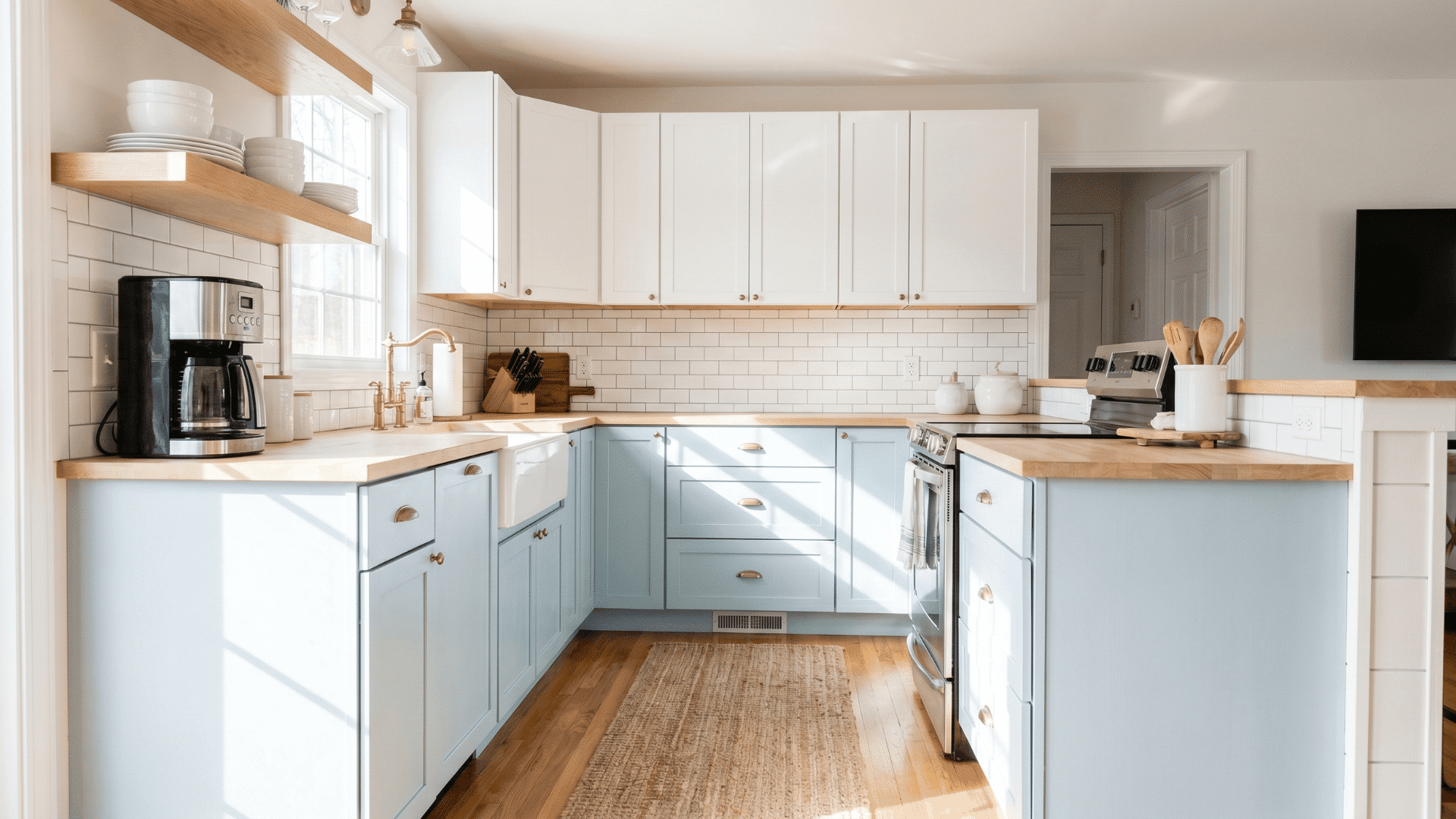 White upper cabinets and light blue lower cabinets in a bright, modern kitchen with wood countertops and flooring.