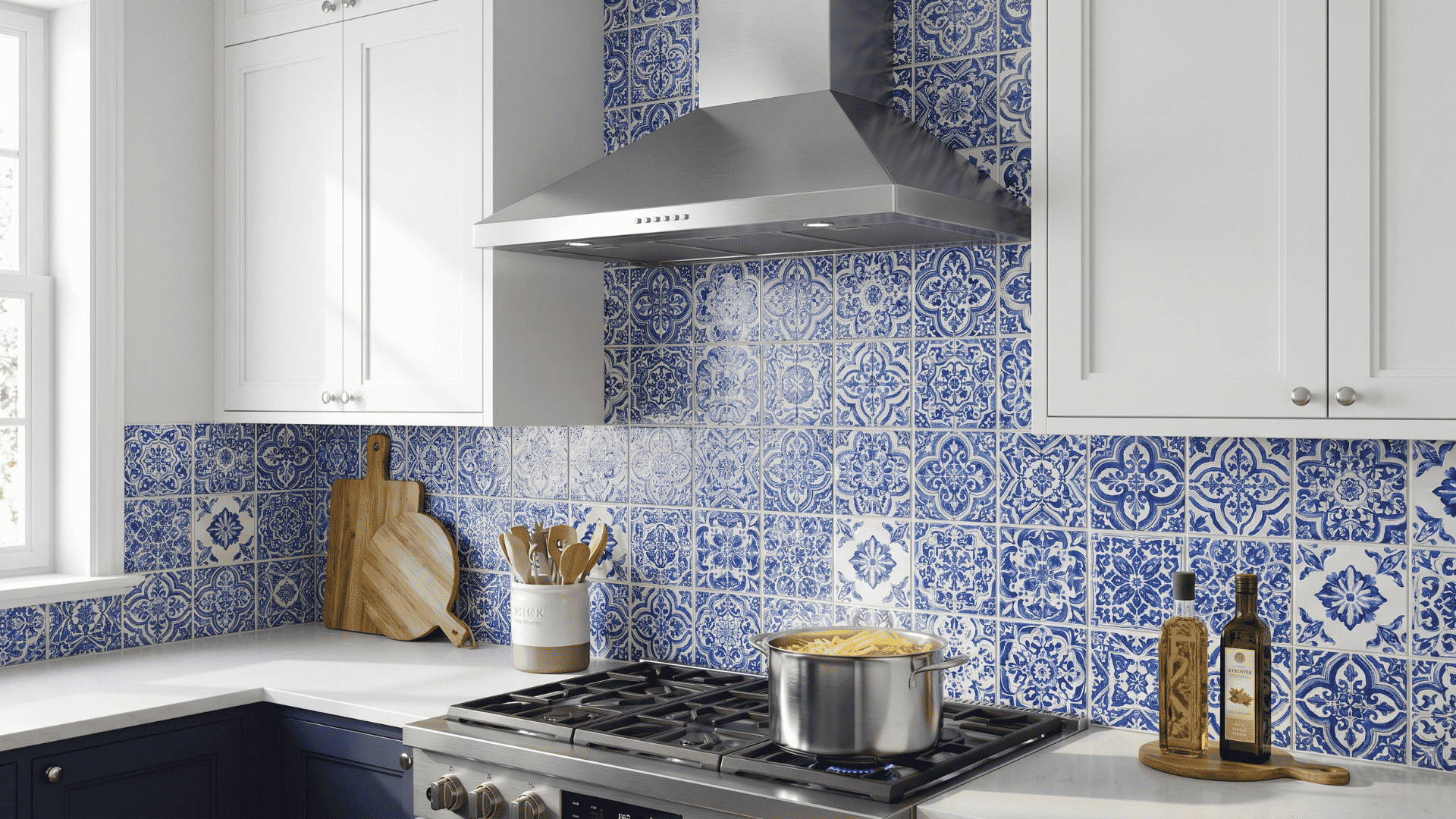 White upper cabinets and navy blue lower cabinets in a kitchen with blue patterned tile backsplash, stainless steel range, and wooden countertop accents.