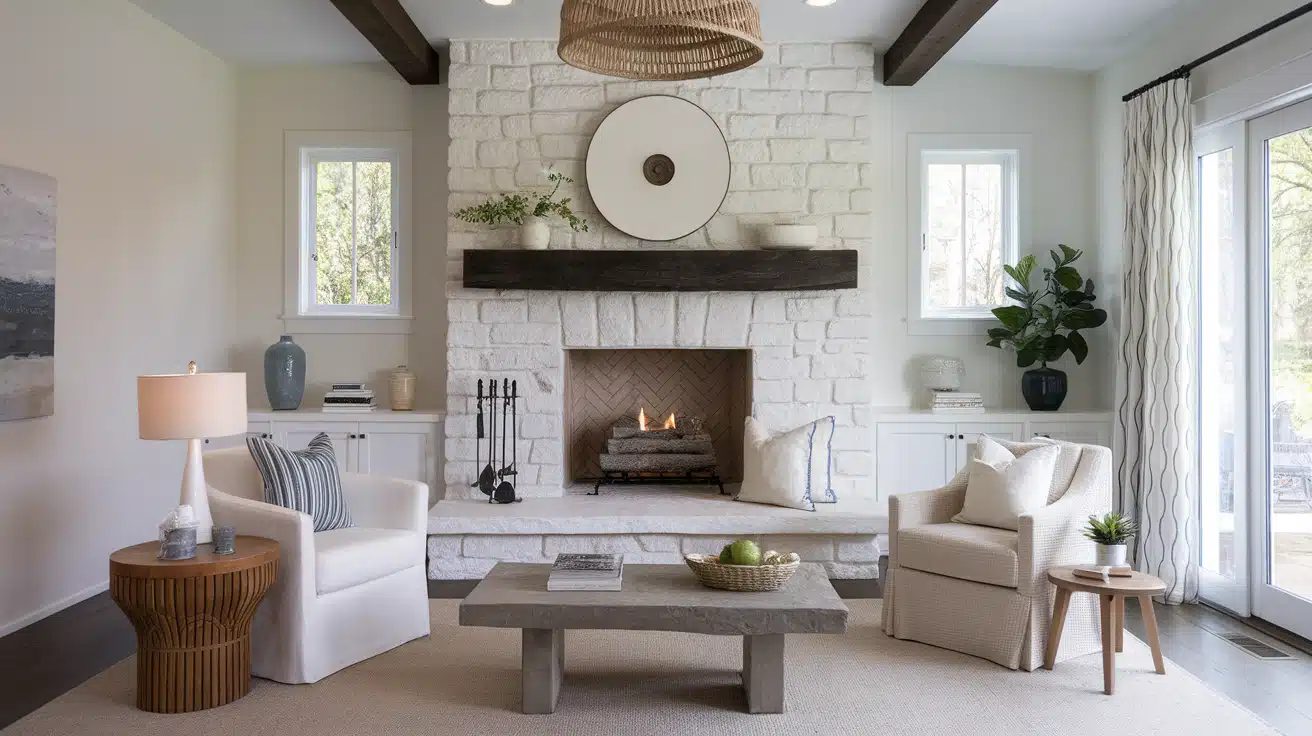 Bright living room featuring a whitewashed stone fireplace with a dark wood mantel and white armchairs.