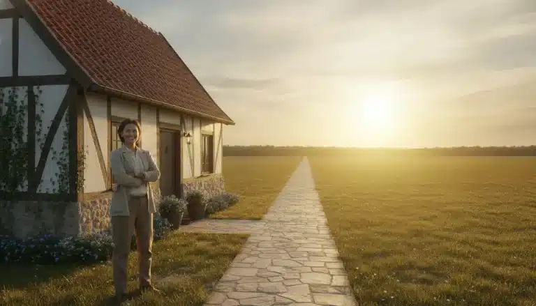 Person standing in front of cottage with red roof in sunny countryside setting