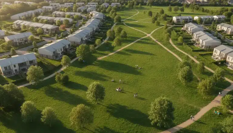Aerial view of suburban neighborhood with rows of houses and expansive green parkland